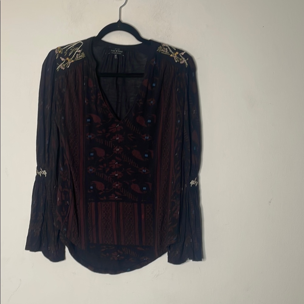Lucky Brand Black Red Embellished Pleated Blouse